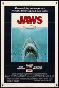 1w484 JAWS int'l 1sh '75 Kastel art of Spielberg's classic man-eating shark attacking sexy swimmer!