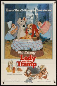 1w505 LADY & THE TRAMP 1sh R80 most romantic spaghetti scene from Disney dog classic!