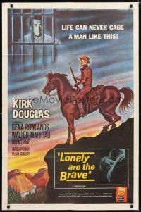 1w526 LONELY ARE THE BRAVE int'l 1sh '62 different art of Kirk Douglas, life can never cage him!