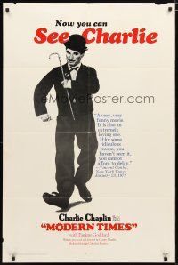 1w572 MODERN TIMES 1sh R72 great image of Charlie Chaplin walking with cane!