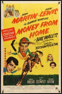1w574 MONEY FROM HOME 1sh '54 wacky art of Dean Martin & horse jockey Jerry Lewis!