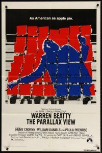 1w633 PARALLAX VIEW style B 1sh '74 Warren Beatty, as American as apple pie, cool image!