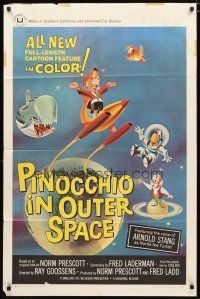 1w644 PINOCCHIO IN OUTER SPACE 1sh '65 great sci-fi cartoon artwork, explore new worlds of wonder!