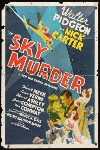 1w731 SKY MURDER 1sh '40 Walter Pidgeon as Nick Carter, cool stone litho airplane artwork!