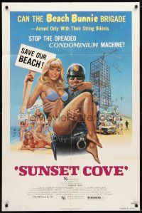 1w804 SUNSET COVE 1sh '78 John Carradine, Taylor art of sexy bikini babe & cop!
