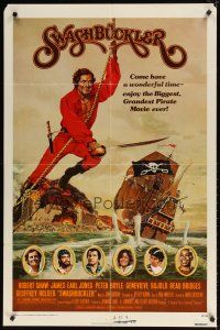 1w819 SWASHBUCKLER 1sh '76 art of pirate Robert Shaw swinging on rope by ship by John Solie!