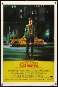 1w846 TAXI DRIVER 1sh '76 classic art of Robert De Niro by cab, directed by Martin Scorsese!