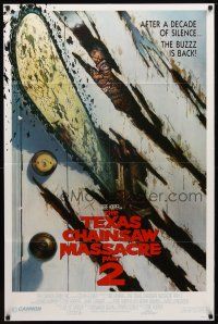 1w855 TEXAS CHAINSAW MASSACRE PART 2 door style 1sh '86 Tobe Hooper horror sequel, cool Huston art!