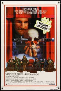 1w861 THEATRE OF BLOOD 1sh '73 great art of Vincent Price holding bloody skull w/dead audience!