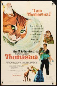 1w875 THREE LIVES OF THOMASINA 1sh '64 Walt Disney, great art of winking & smiling cat!