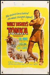 1w896 TONKA 1sh '57 Sal Mineo, Walt Disney, West's strangest legend, artwork of Native Americans!