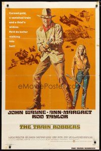 1w900 TRAIN ROBBERS 1sh '73 great full-length art of cowboy John Wayne & Ann-Margret!
