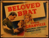 1z035 BELOVED BRAT 1/2sh '38 Dolores Costello, Bonita Granville, Donald Crisp!