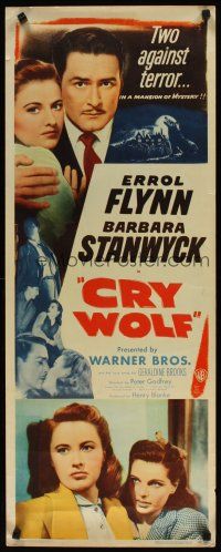 2a172 CRY WOLF insert '47 Errol Flynn & Barbara Stanwyck, Geraldine Brooks, two against terror!