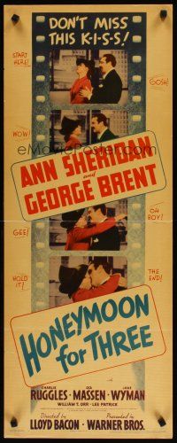 2a299 HONEYMOON FOR THREE insert '41 Ann Sheridan, George Brent, kisstory is made tonight!