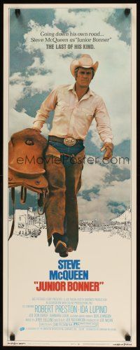 2a351 JUNIOR BONNER insert '72 full-length rodeo cowboy Steve McQueen carrying saddle!