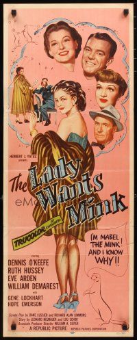 2a372 LADY WANTS MINK insert '52 art of Dennis O'Keefe, Ruth Hussey, Eve Arden & Mabel the Mink!