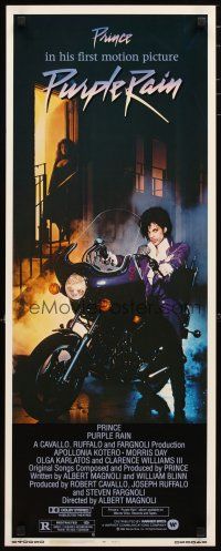 2a519 PURPLE RAIN insert '84 great image of Prince riding motorcycle, in his first motion picture!