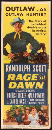 2a524 RAGE AT DAWN insert '55 cool artwork of outlaw hunter Randolph Scott by train!