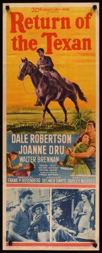 2a544 RETURN OF THE TEXAN insert '52 art of Dale Robertson on horseback & holding Joanne Dru!