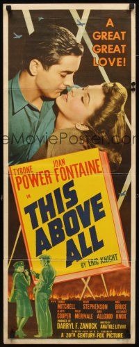 2a718 THIS ABOVE ALL insert '42 great romantic close up of Tyrone Power & Joan Fontaine in WWII!