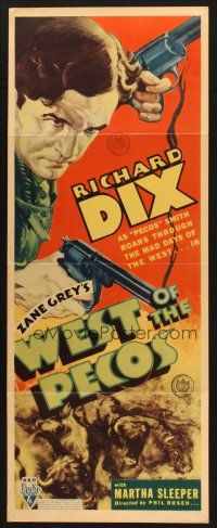 2a790 WEST OF THE PECOS insert '35 cool art of cowboy Richard Dix w/smoking guns, Zane Grey!