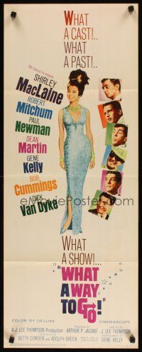 2a792 WHAT A WAY TO GO insert '64 Paul Newman, Mitchum, Dean Martin, full-length Shirley MacLaine!
