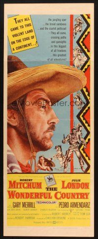 2a819 WONDERFUL COUNTRY insert '59 Texan Robert Mitchum in sombrero, cool artwork!