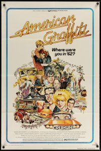 2c030 AMERICAN GRAFFITI 1sh '73 George Lucas teen classic, great wacky artwork of cast!