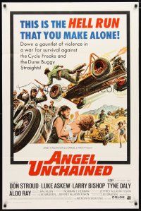 2c038 ANGEL UNCHAINED 1sh '70 AIP, bikers & hippies, this is the hell run that you make alone!