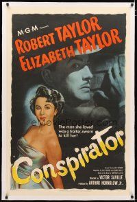 2e117 CONSPIRATOR linen 1sh '49 art of English spy Robert Taylor & sexy young Elizabeth Taylor!