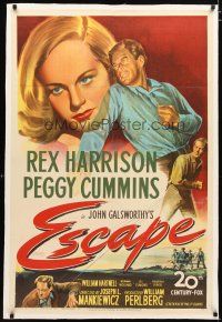 2e138 ESCAPE linen 1sh '48 great stone litho art of Rex Harrison & pretty Peggy Cummins!