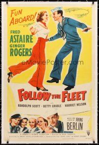 2e146 FOLLOW THE FLEET linen 1sh R53 different art of Fred Astaire & Ginger Rogers, Irving Berlin!