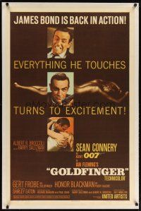 2e169 GOLDFINGER linen 1sh '64 3 images of Sean Connery as James Bond + golden Shirley Eaton!