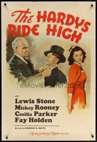 2e182 HARDYS RIDE HIGH linen style D 1sh '39 millionaire Mickey Rooney, Lewis Stone, Cecilia Parker!