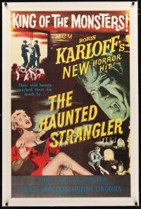 2e185 HAUNTED STRANGLER linen 1sh '58 creepy Boris Karloff marked their death by their wild beauty!