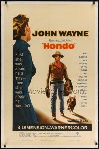 2e195 HONDO linen 1sh '53 3-D John Wayne was a stranger to all but the surly dog at his side!