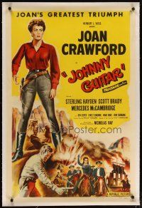 2e226 JOHNNY GUITAR linen 1sh '54 artwork of Joan Crawford reaching for gun, Nicholas Ray
