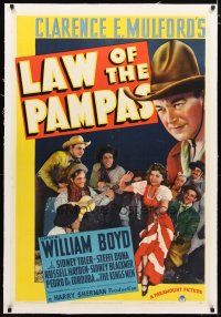 2e235 LAW OF THE PAMPAS linen 1sh '39 great image of William Boyd as Hopalong Cassidy!