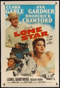2e242 LONE STAR linen 1sh '51 artwork of Clark Gable with gun & kissing sexy Ava Gardner!
