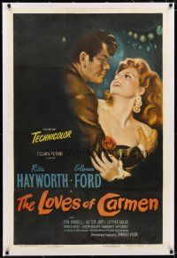 2e249 LOVES OF CARMEN linen 1sh '48 wonderful romantic art of sexy Rita Hayworth & Glenn Ford!