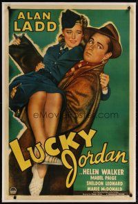 2e251 LUCKY JORDAN linen 1sh '43 great art of gambler Alan Ladd carrying sexy WAC Helen Walker!