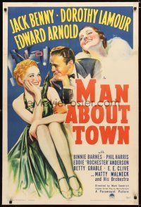 2e255 MAN ABOUT TOWN linen 1sh '39 art of Jack Benny between Binnie Barnes & Dorothy Lamour!