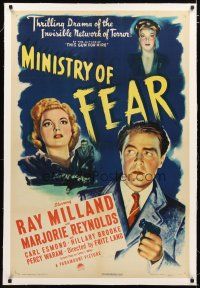 2e264 MINISTRY OF FEAR linen 1sh '44 Fritz Lang, cool noir image of Ray Milland & Marjorie Reynolds!