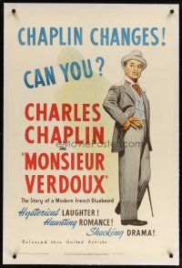 2e267 MONSIEUR VERDOUX linen 1sh '47 stone litho of Charlie Chaplin as modern French Bluebeard!