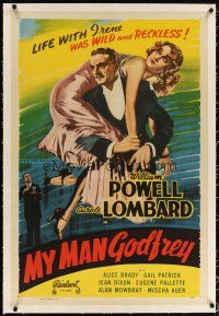 2e274 MY MAN GODFREY linen 1sh R48 great artwork of William Powell carrying sexy Carole Lombard!