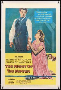 2e278 NIGHT OF THE HUNTER linen 1sh '55 Robert Mitchum, Shelley Winters, Charles Laughton classic!