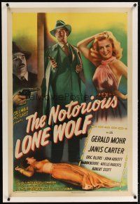 2e279 NOTORIOUS LONE WOLF linen 1sh '46 can Gerald Mohr save Janis Carter, she has minutes to live!