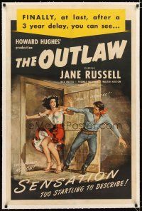 2e285 OUTLAW linen 1sh R50 great artwork of sexy Jane Russell & Jack Buetel, Howard Hughes!