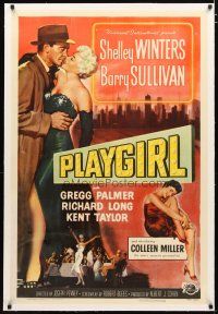 2e291 PLAYGIRL linen 1sh '54 Barry Sullivan, there's a price tag on sexy Shelley Winters' kisses!